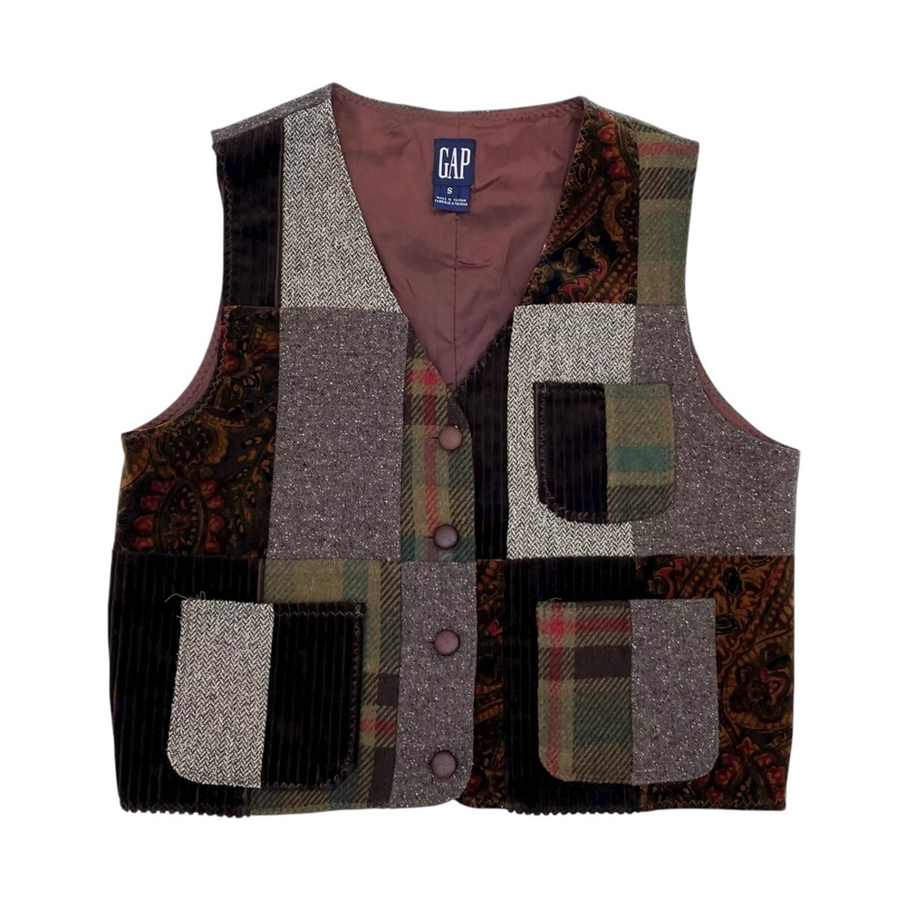 Vintage 90s Y2K Gap Patchwork Vest Size Small Corduroy Suede Tweed Plaid Paisley